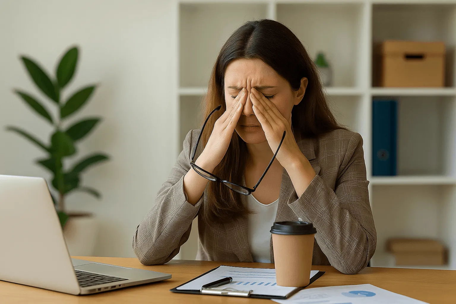 A stressed woman holding her head at her laptop