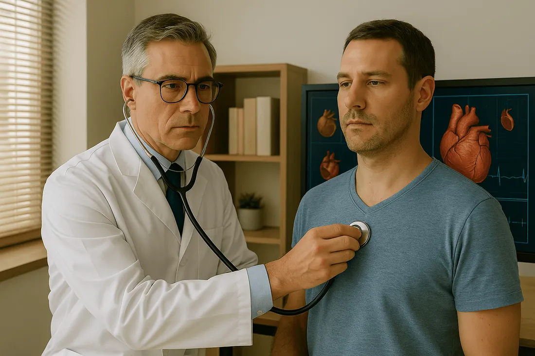 A cardiologist talking with a patient in his office