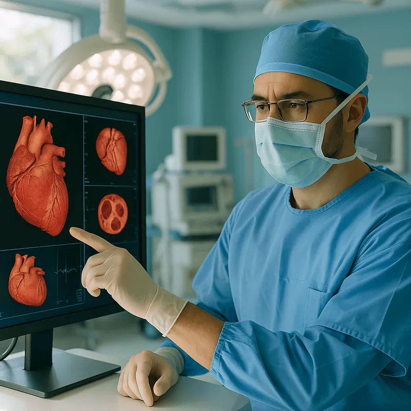 A cardiologist in scrubs beside a screen showing a heart