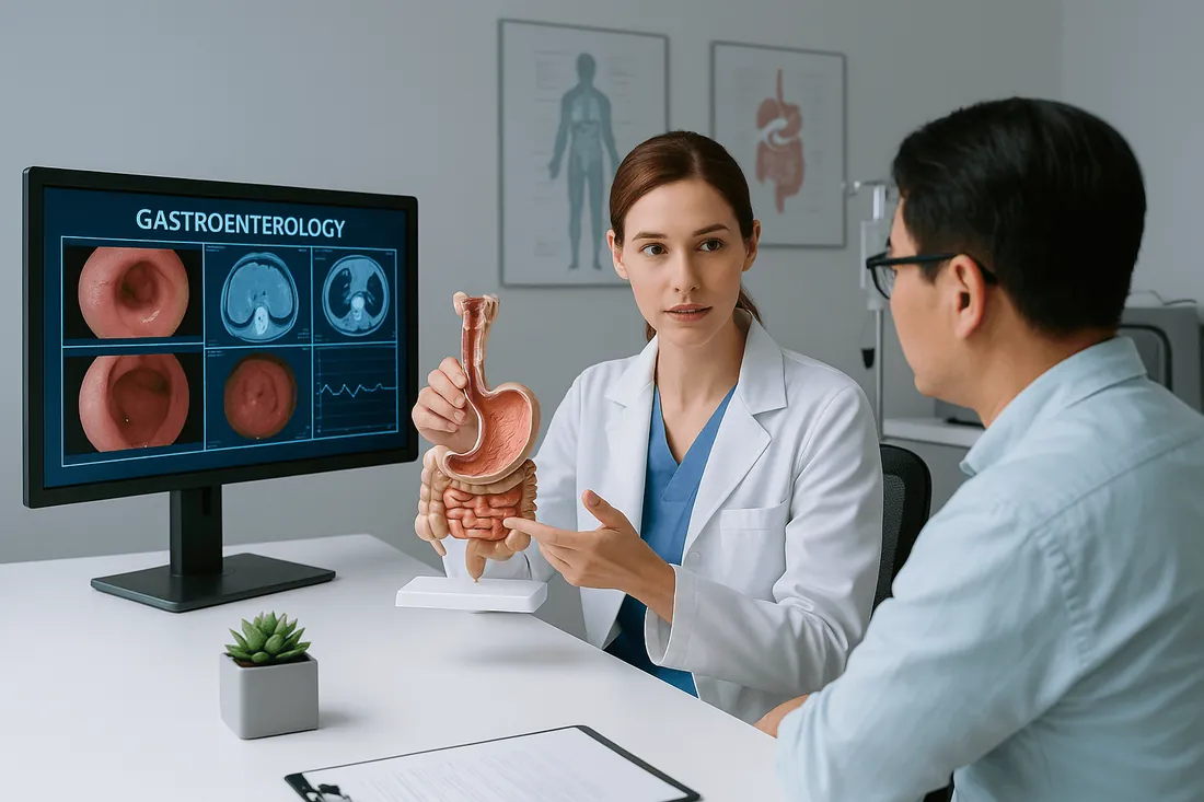 Doctors and a patient in front of digestive scans