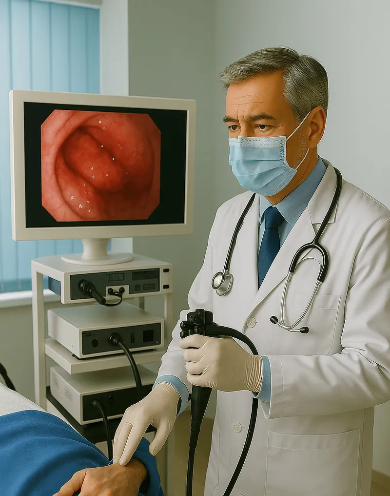 A gastroenterologist at an endoscopy screen