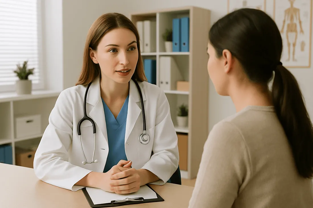 A doctor talking with a patient at her desk