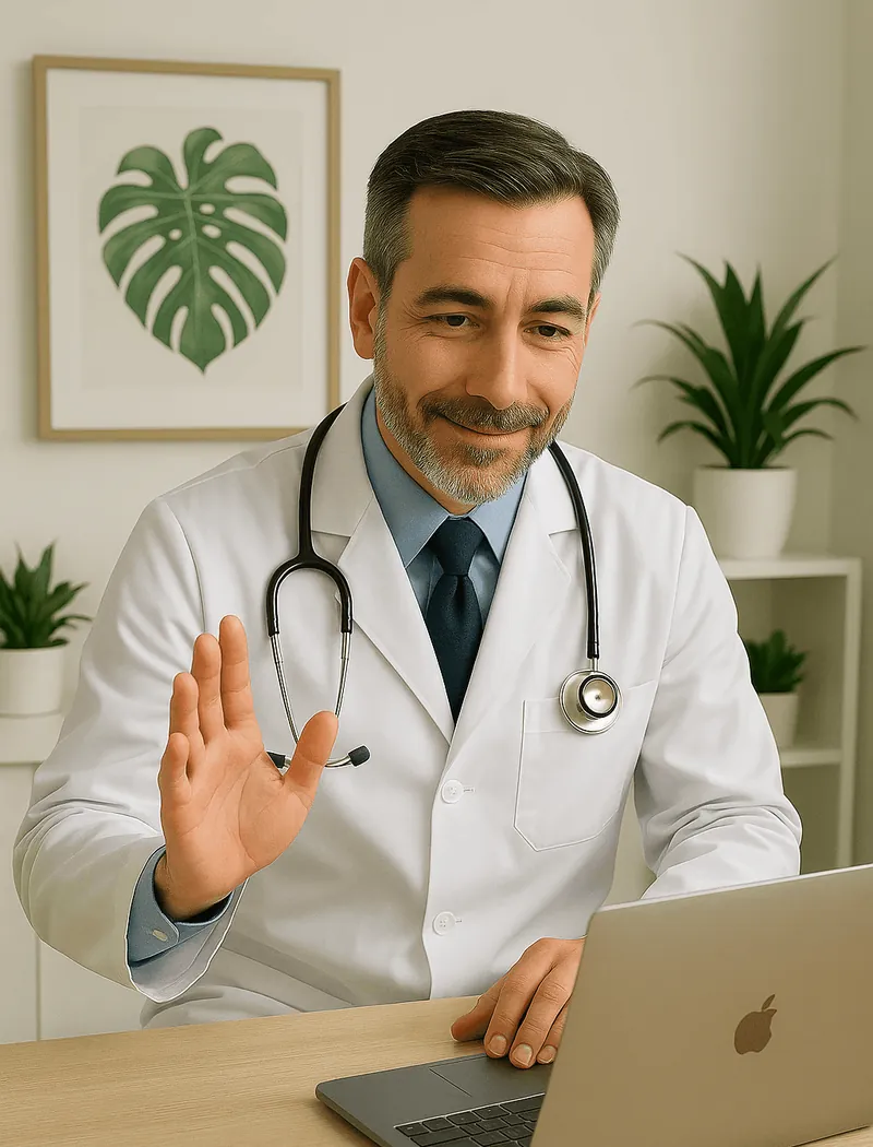 A smiling doctor waving to a patient during a video call