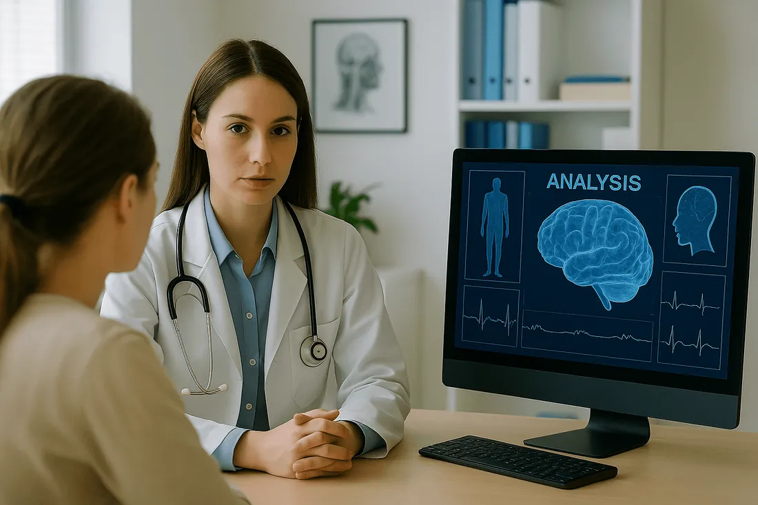 A neurologist explaining a brain scan to a patient