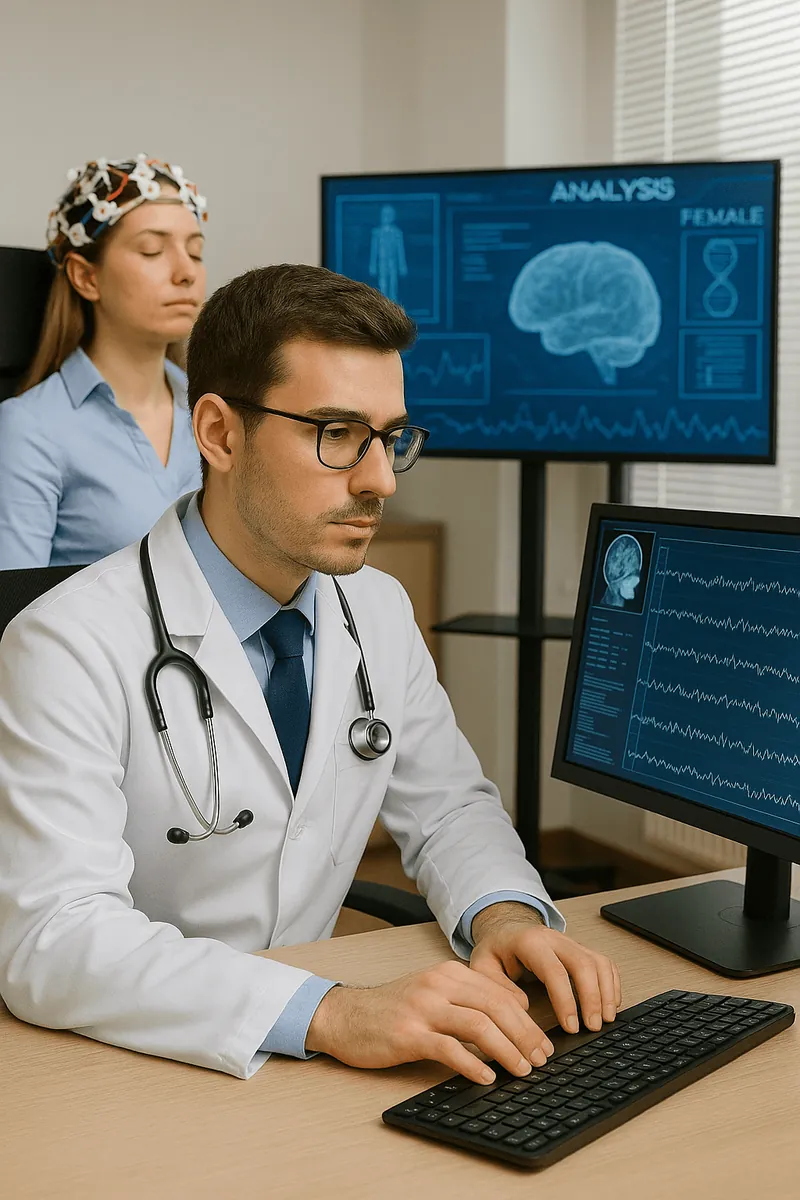 A neurologist reviewing brain scans on a computer