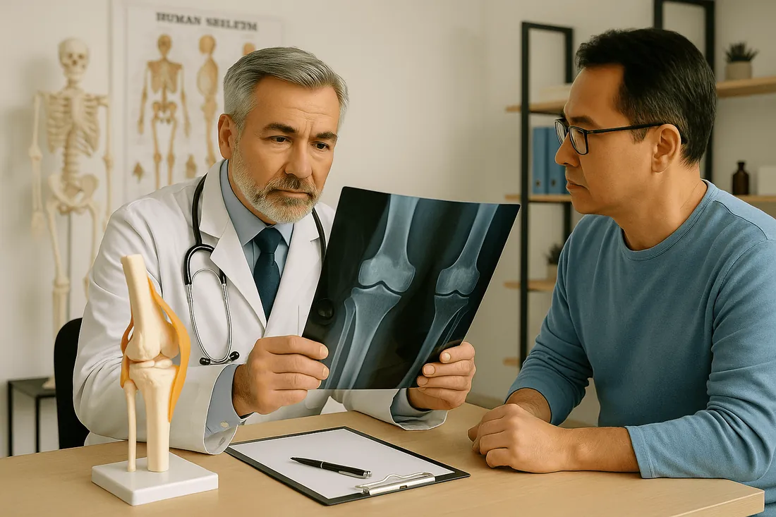 A doctor showing a patient an X-ray