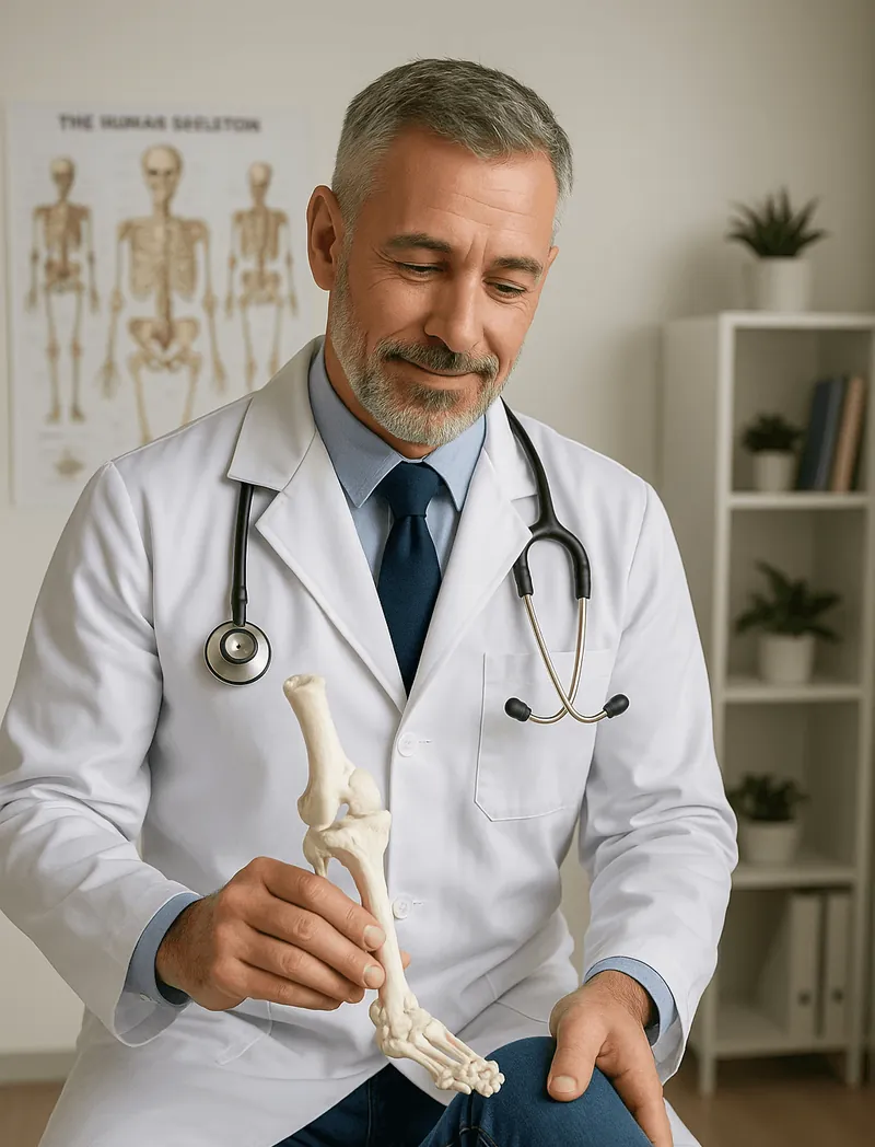 An orthopedic doctor beside a skeleton model