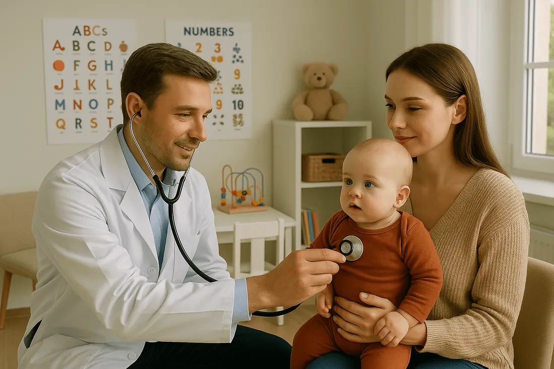 A pediatrician with a mother and her baby