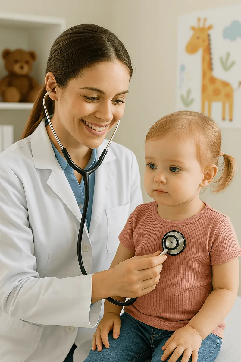 A pediatrician examining a baby on its mother’s lap
