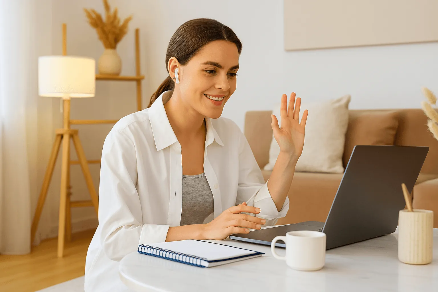 A doctor on a video call at her laptop