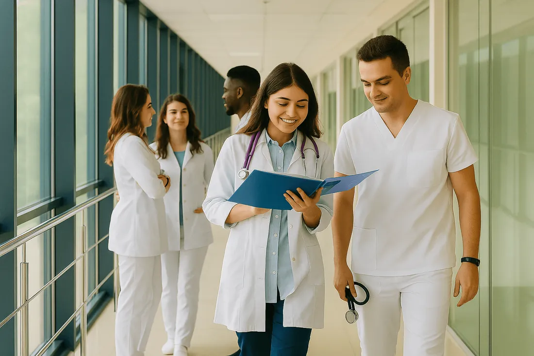 Doctors and nurses walking along a bright hospital corridor