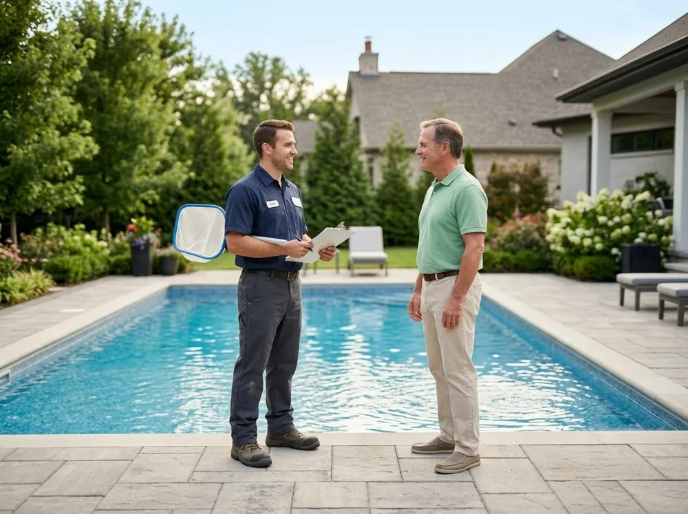 A technician talking with a homeowner beside their pool