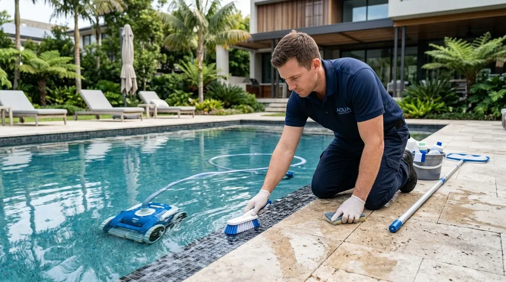 A technician setting a robotic cleaner into a clear pool
