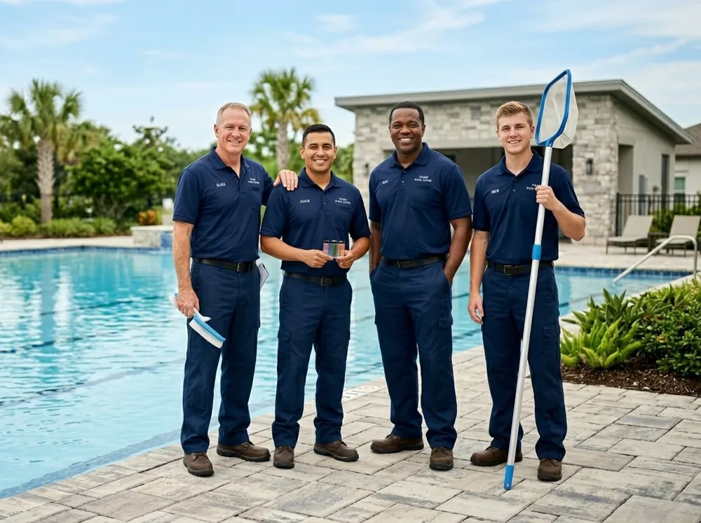 Four technicians in navy uniforms standing beside a pool