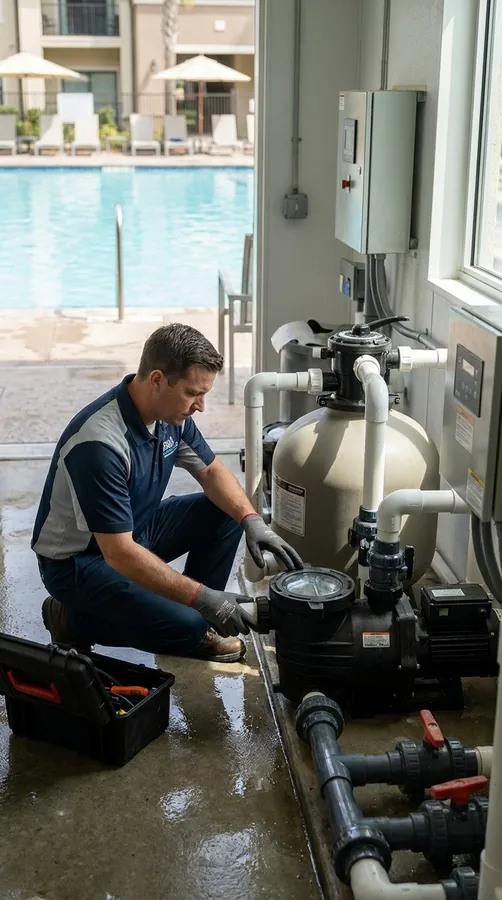 A technician repairing a commercial pool pump beside the filter tank