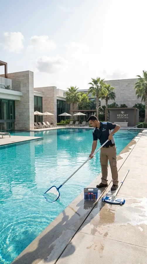 A technician cleaning a large resort pool with a long-handled brush