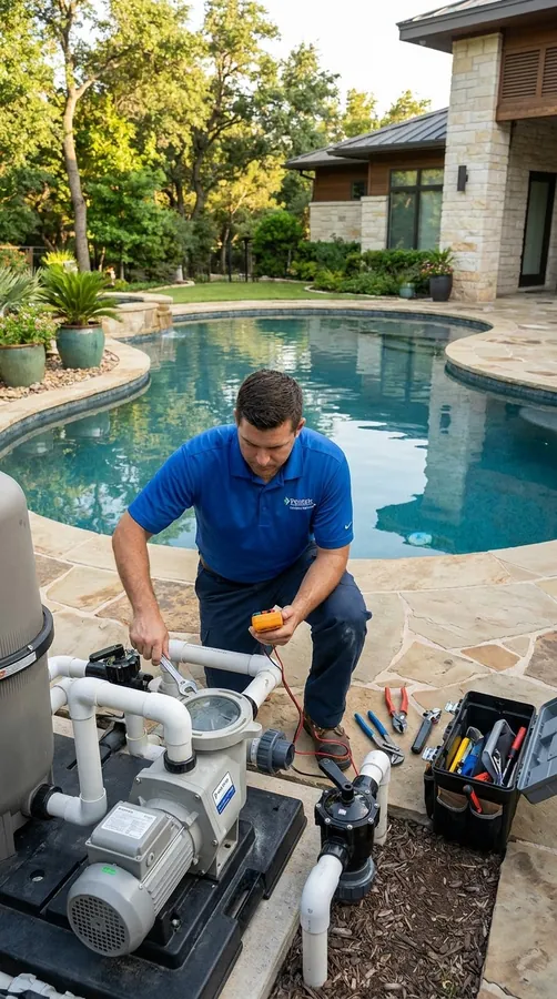 A technician repairing a pool pump on a stone deck