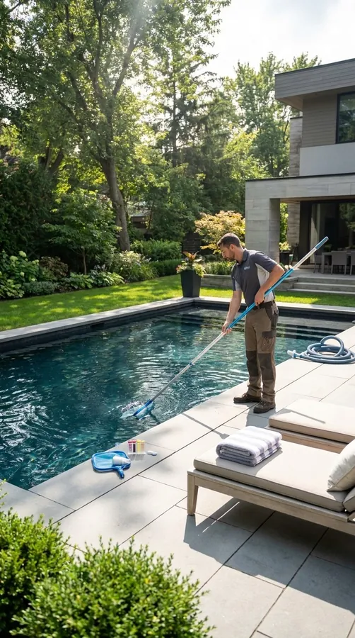 A technician skimming a backyard pool beside a modern house
