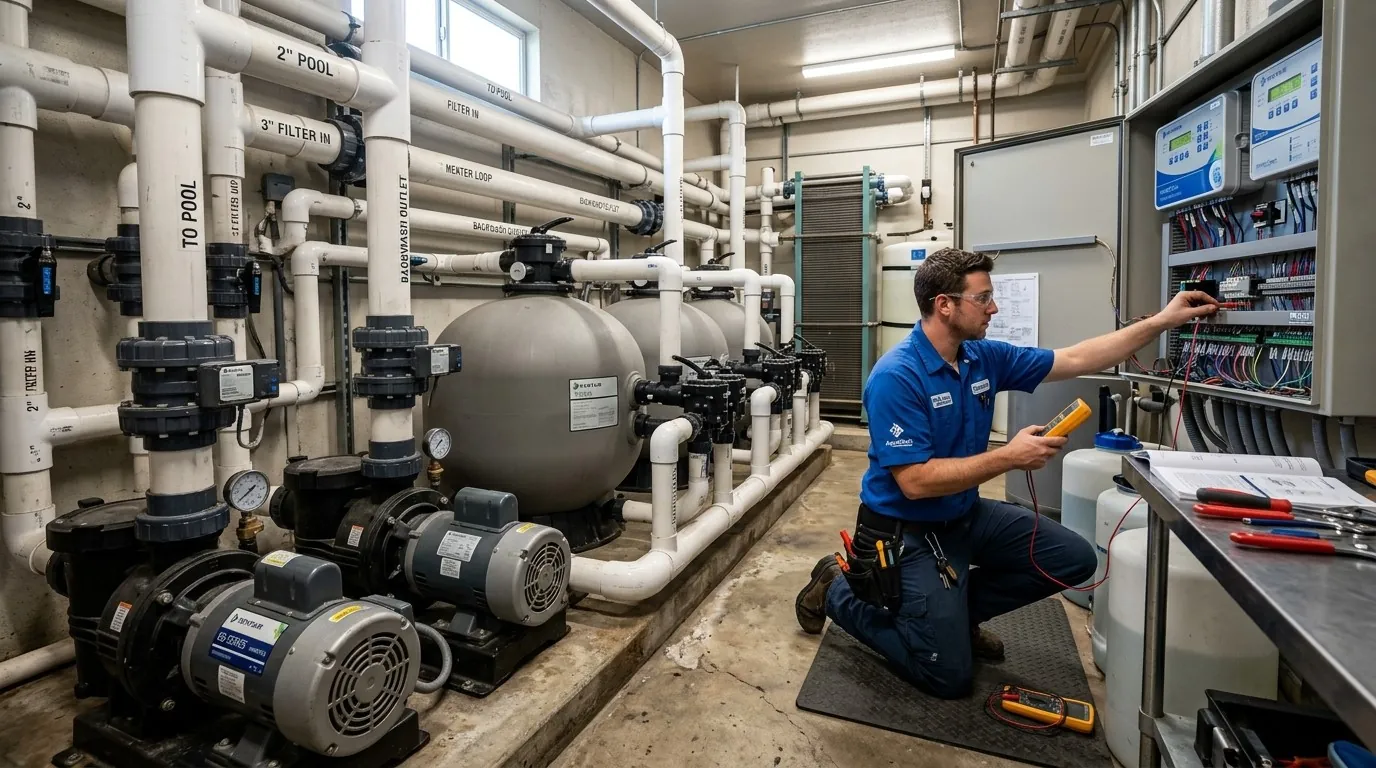 A technician checking the controls in a commercial pump room