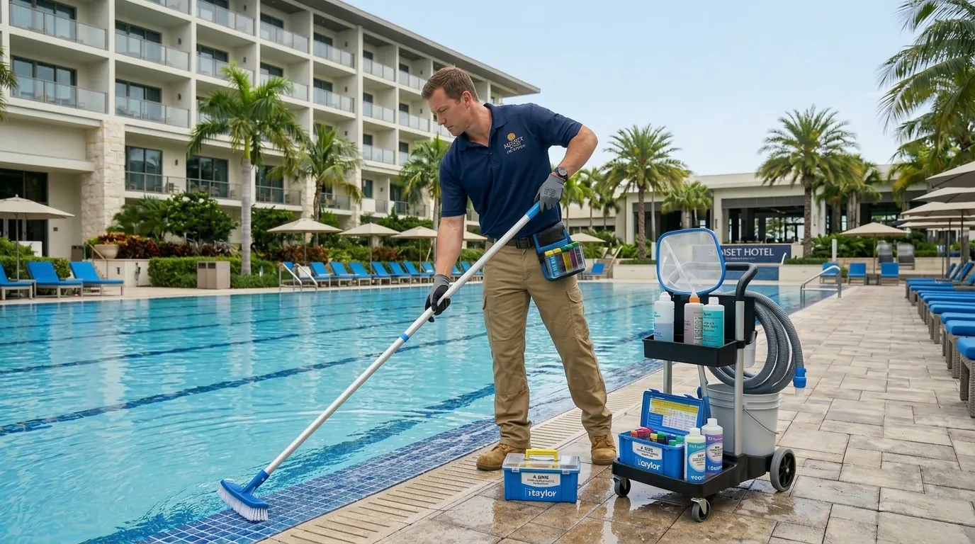 A technician cleaning a hotel pool with a service cart beside him