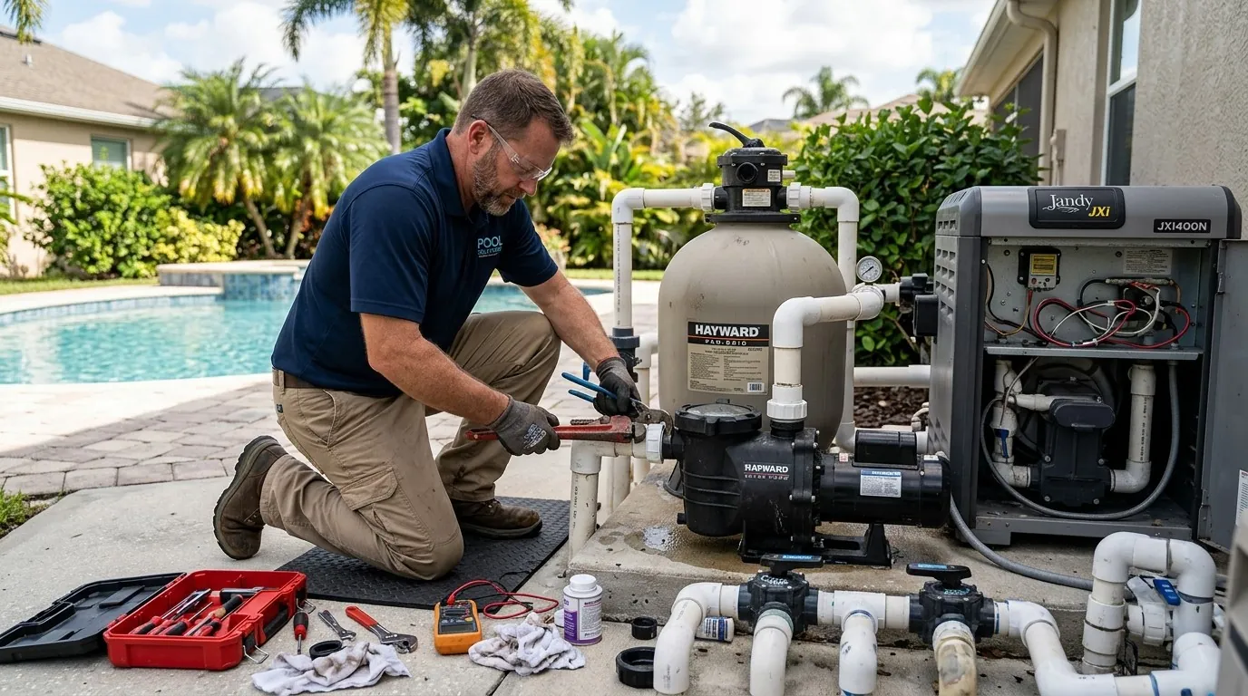 A technician repairing a pool pump and filter beside a house