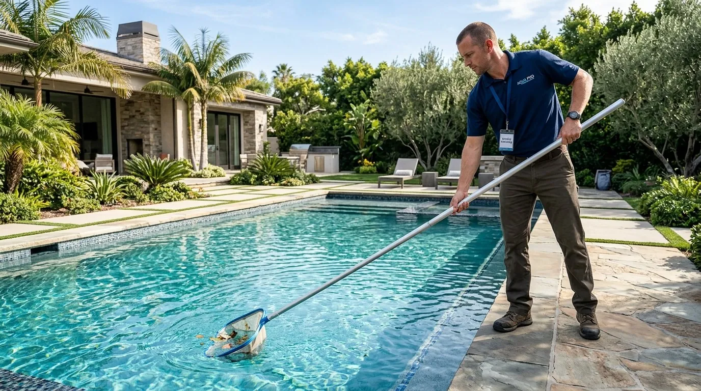 A technician brushing a residential pool beside a modern house
