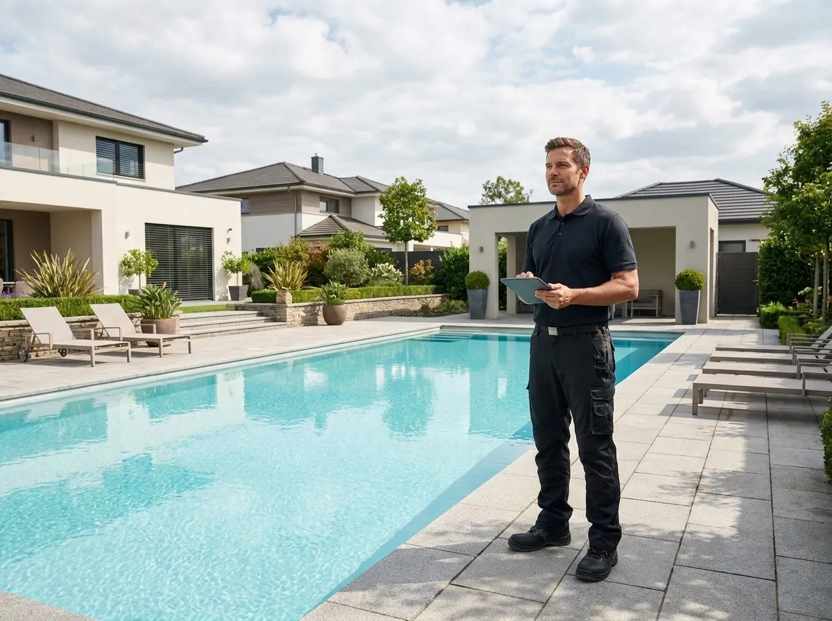 A technician with a tablet beside a clean backyard pool
