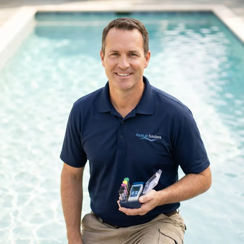 Daniel Brooks holding a water test kit by a pool