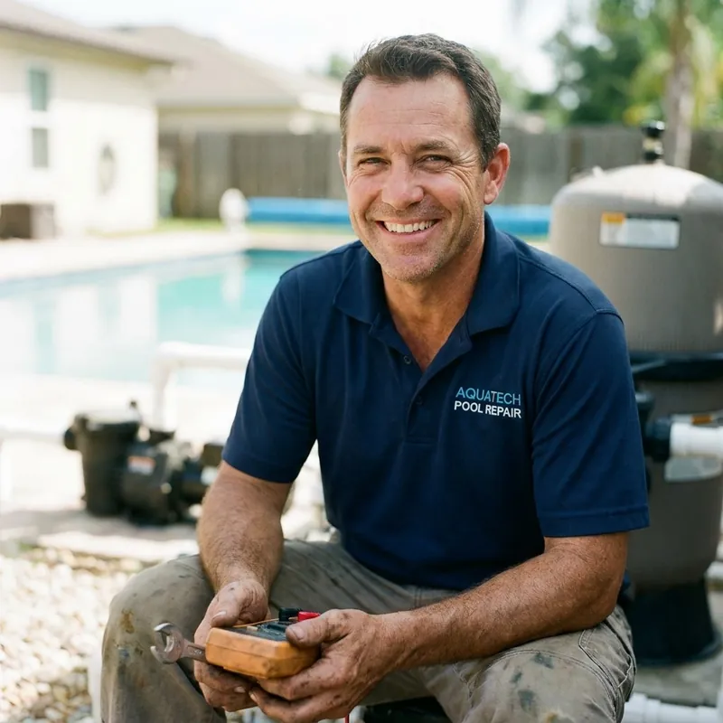 Jason Miller kneeling beside a pool pump
