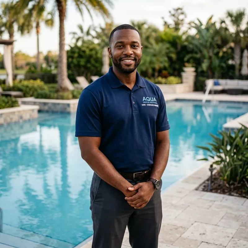 Marcus Johnson standing beside a pool