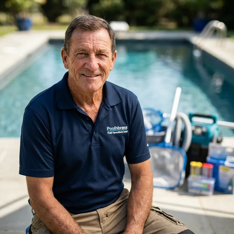 Ryan Mitchell beside a pool with his cleaning kit