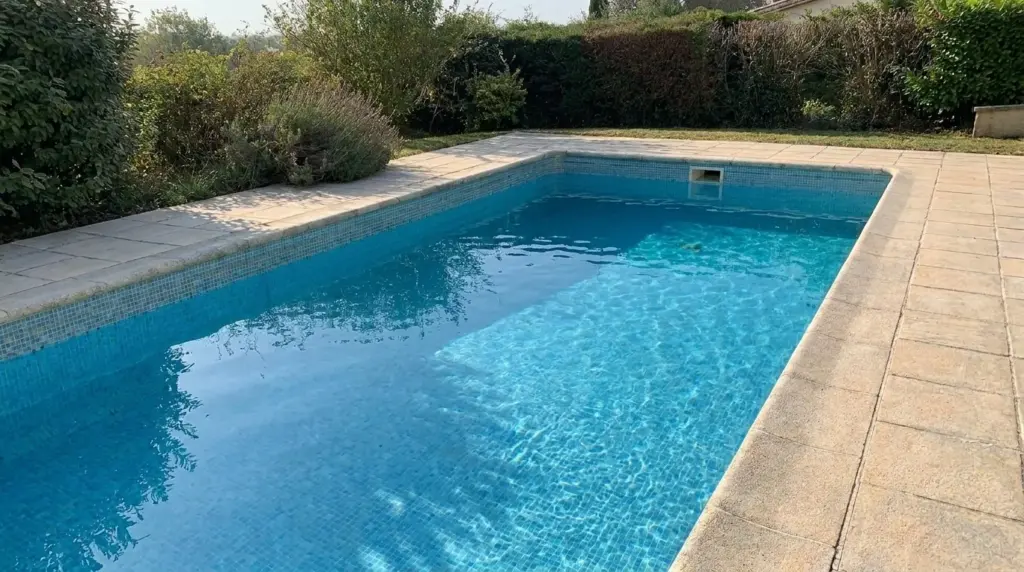 The backyard pool after: clear water and clean tiles