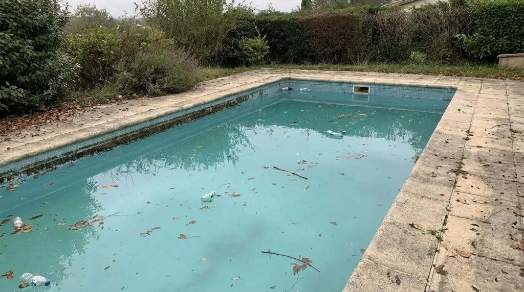 The backyard pool before: murky green water full of leaves