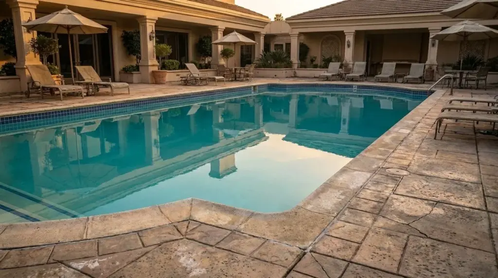 The hotel pool after: clear blue water and a clean deck