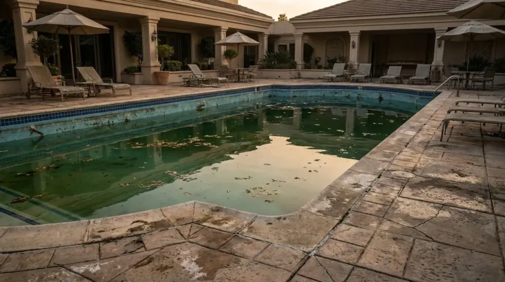 The hotel pool before: green, cloudy water and a stained deck