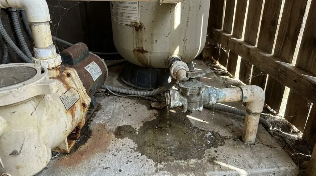 The pool equipment before: a rusted pump and a leaking pipe