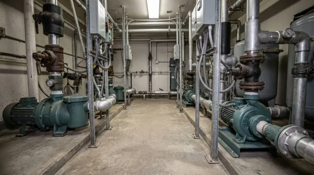 The pump room after: new pumps and clean pipework