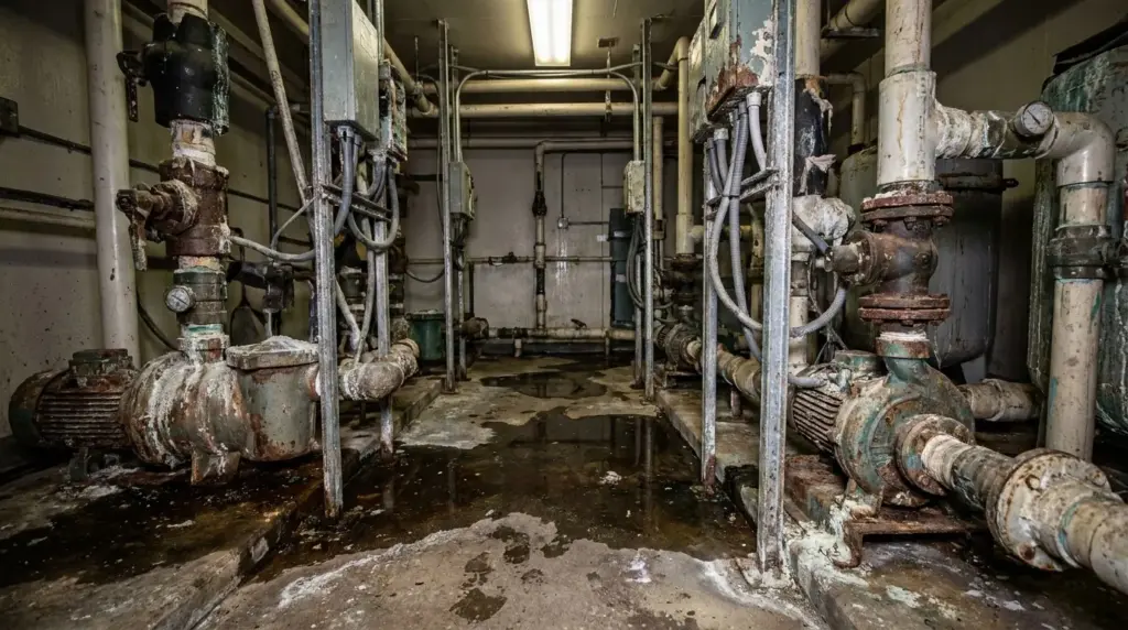 The pump room before: corroded pipes and a flooded floor