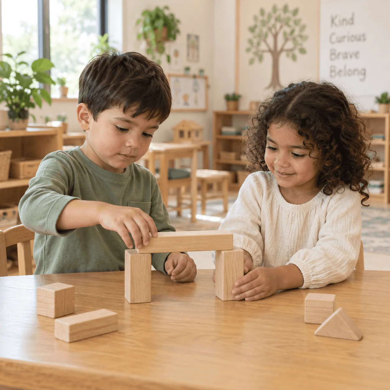 Two children building together with wooden blocks
