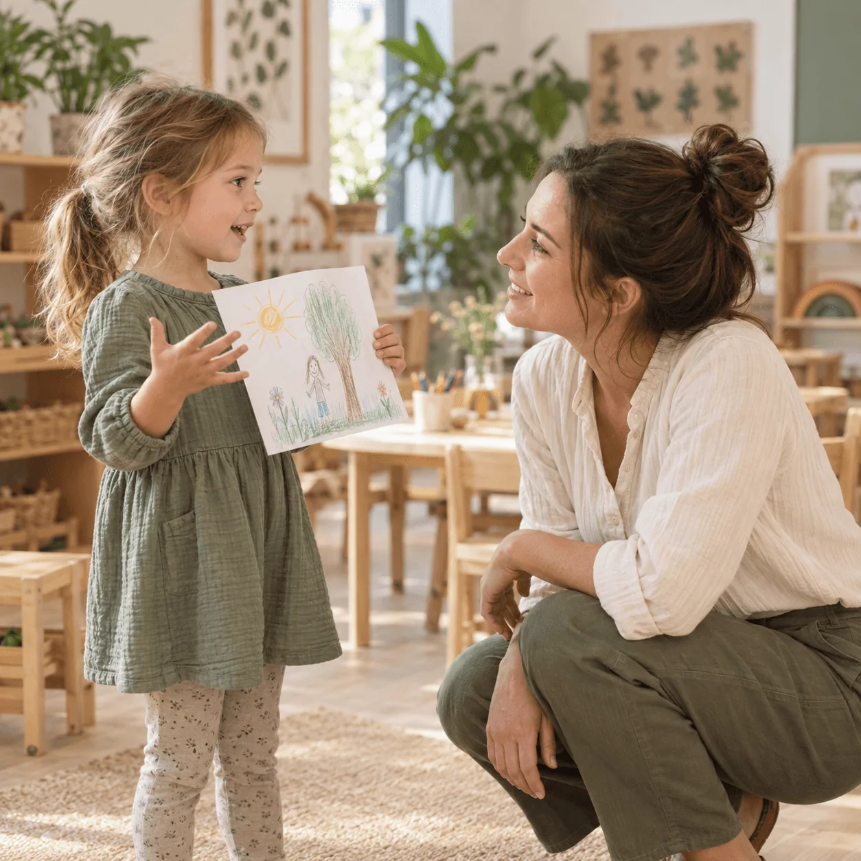 A girl proudly showing her drawing to her teacher