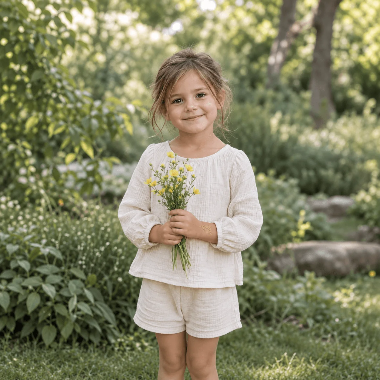 A smiling girl holding a bunch of wildflowers in a garden