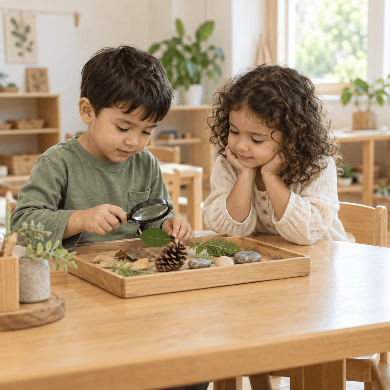Two children exploring pine cones and leaves with a magnifying glass