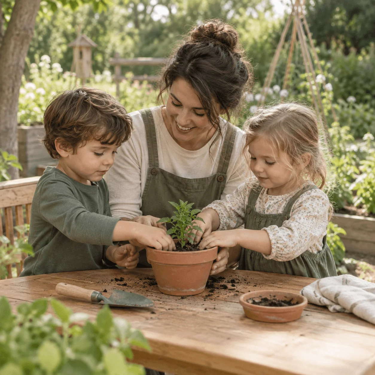 Children planting seedlings in pots with their teacher