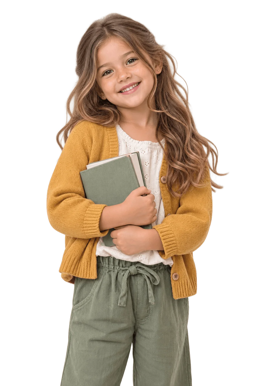 A pre-K girl in a mustard cardigan holding a book