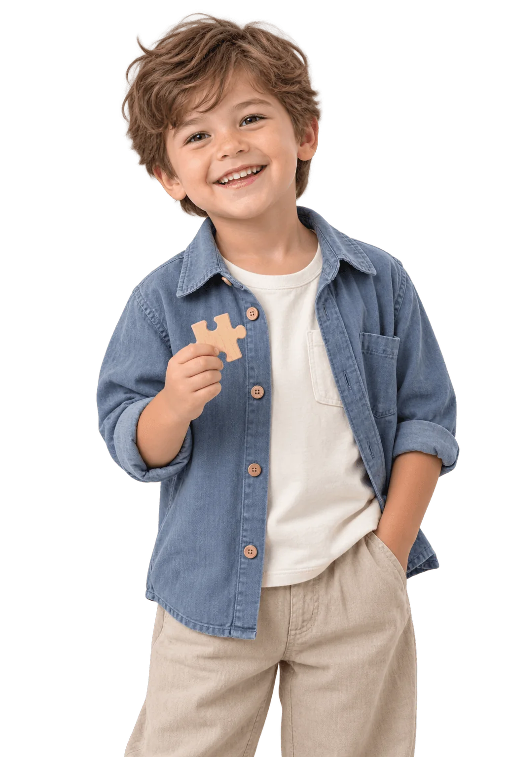 A smiling preschool boy holding a puzzle piece