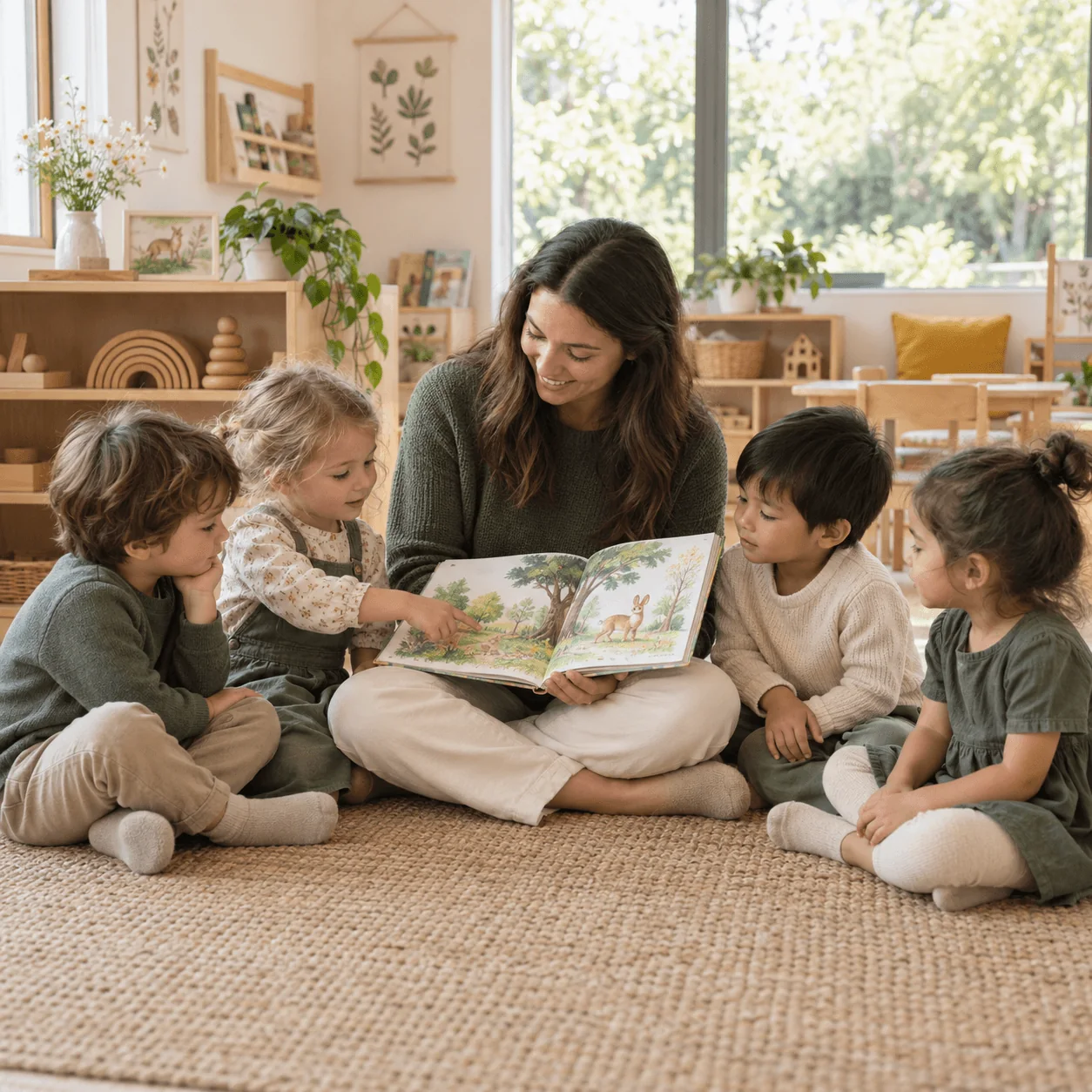 A teacher reading a picture book to a group of children on a rug