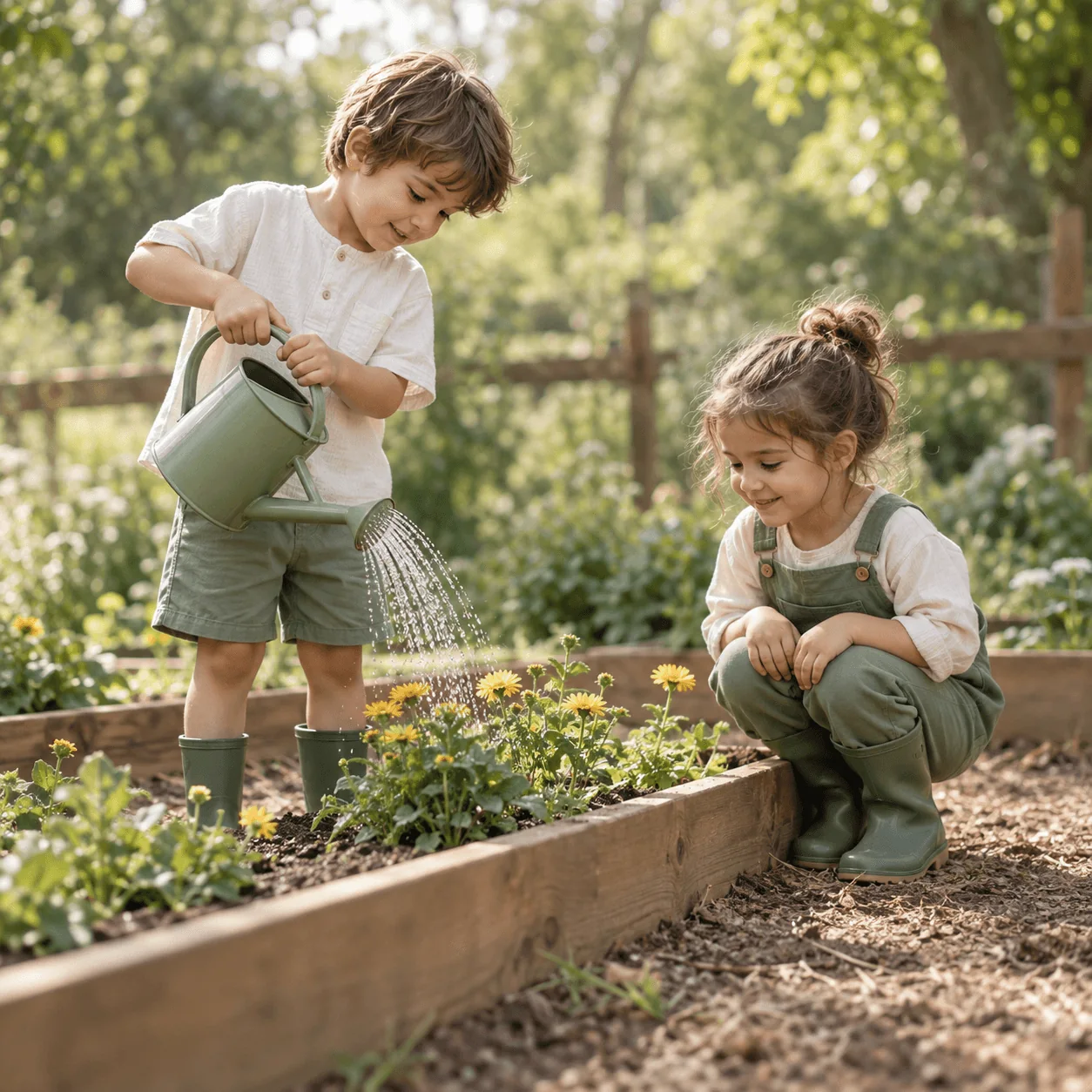 A boy watering flowers in the school garden while a girl watches