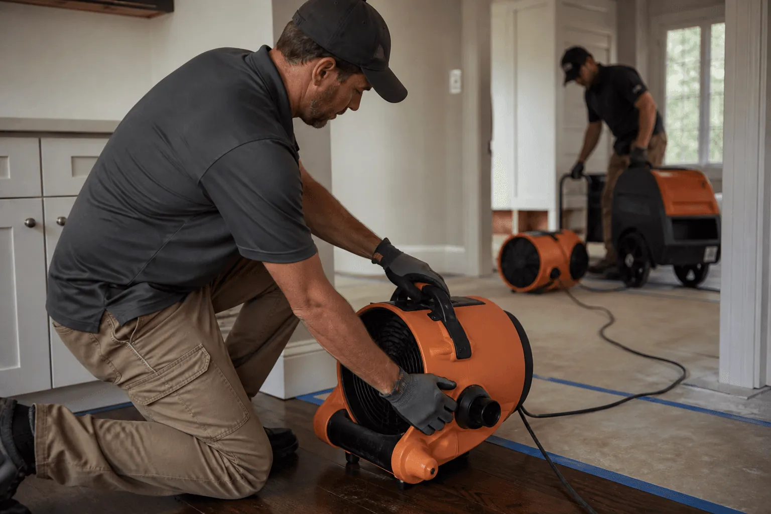 A technician setting an air mover on a wet floor