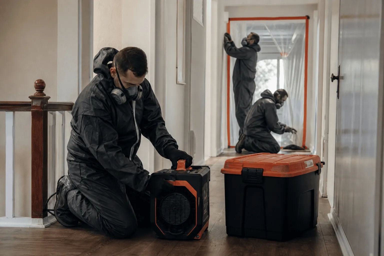 Technicians in protective gear setting up equipment at a hallway door