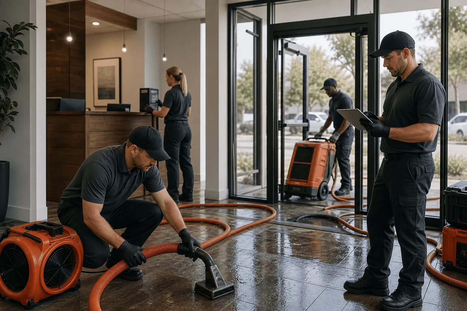 Technicians drying a commercial lobby with air movers and an extraction hose